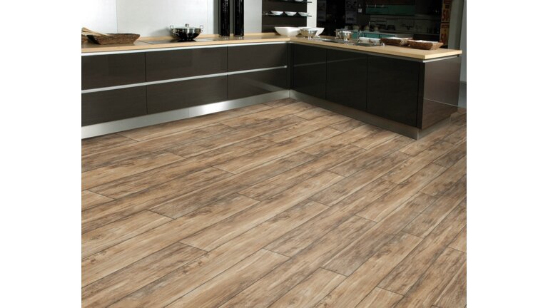 Vinyl Hydro Boden und Wand: L-Küche, Holzoptik